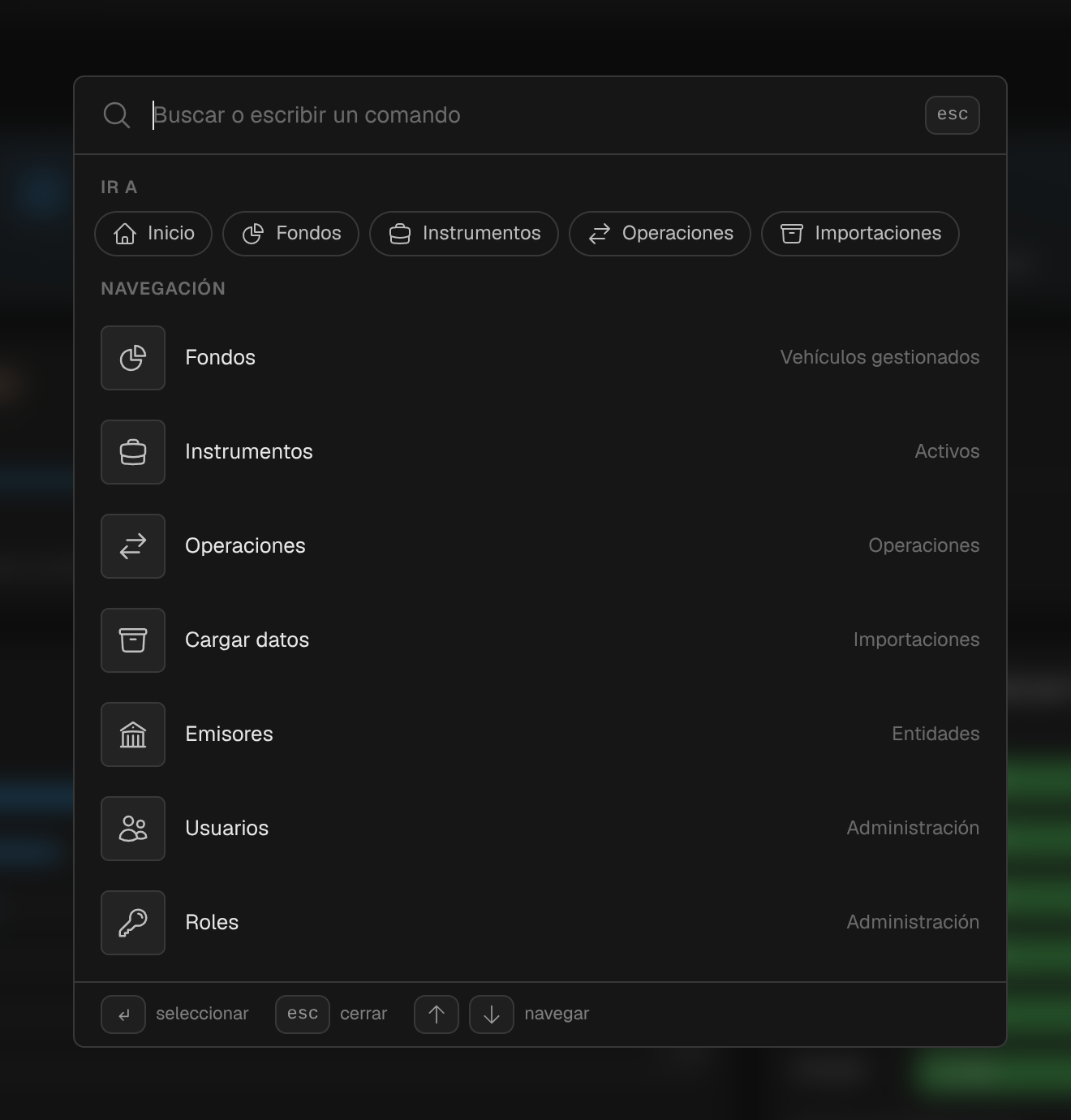 Paleta de comandos de Fidelia — acceso instantáneo a fondos, instrumentos y operaciones